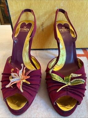 Vintage Fendi Cyclamen Fabric Slingback Heels with Gold Accents and Floral Motif